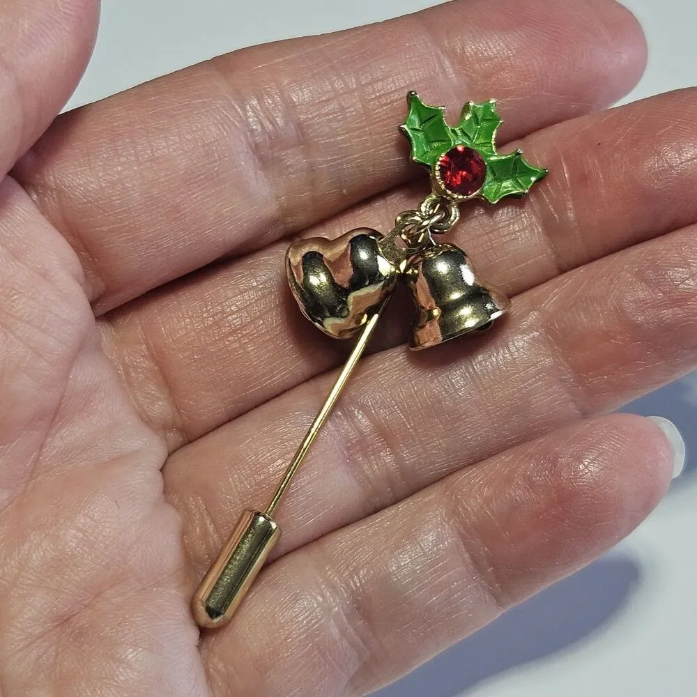 Vintage Christmas Stick Pin Red Rhinestone Green Holly Leaves Gold Tone Bells